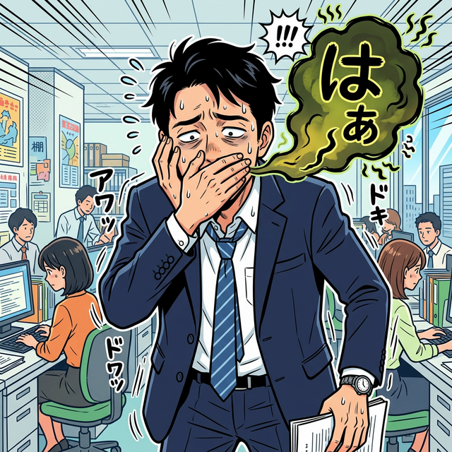 自分の口臭に悩むスーツ姿の40代男性（漫画調）