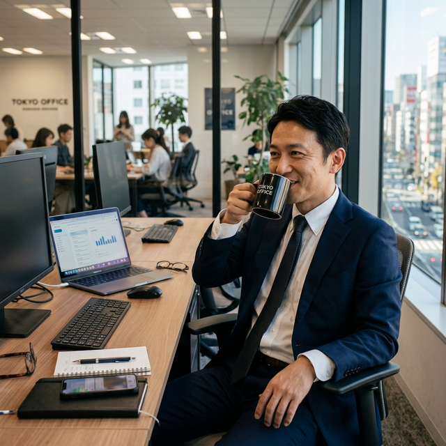 オフィスでコーヒーを飲む男性